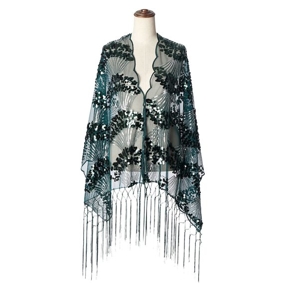 1920s Sequin Shawl Fringed Evening Cape Wedding Bridal Shawl (dark Green)🙊 - Picture 3 of 6